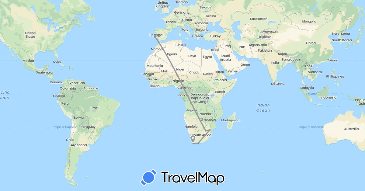 TravelMap itinerary: driving, plane in Portugal, South Africa (Africa, Europe)